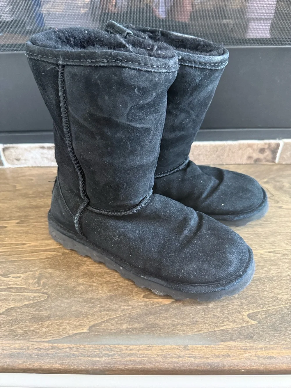 BEARPAW Suede Shearling Lined Mid-Calf Slip-On Boots Black Women’s US 6